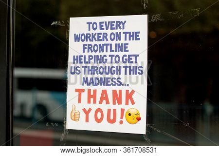 Sydney, Australia - 2020-04-17 Covid-19 Pandemic Concept. Thank You Poster In A Window. To Every Wor