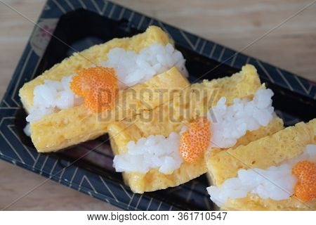 Traditional Japanese Omelette With Ebiko On Top. Top View