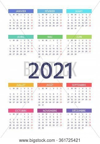 French Calendar 2021 Year. Week Starts Monday. Vector. Layout Of Pocket Or Wall France Calenders. Ye