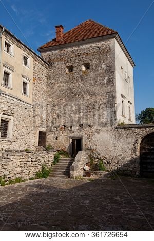 Svirzh, Ukraine - July 23 2009: Famous Ukranian Landscape. Facade Of The Medieval Castle Svirzh, Lvi