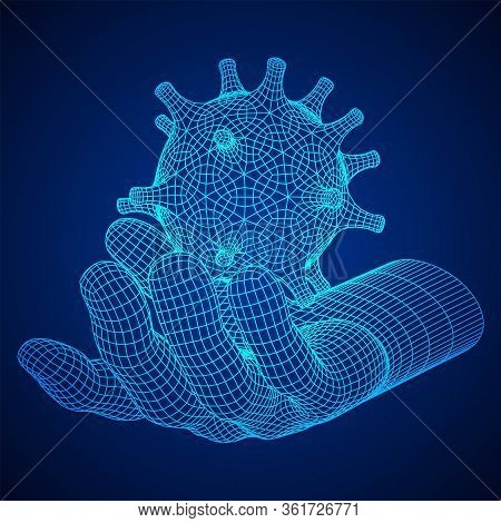 Human Arm Hand With Corona Virus Virion Of Coronavirus. Connection Structure. Vector Low Poly Wirefr