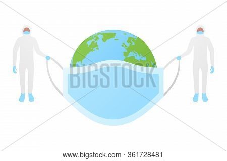 Flat People In White Protective Suit Hold Blue Protection Medical Face Mask For Protect World Map Gl