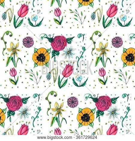 Spring Garden Seamless Pattern Design. Nature Illustration.