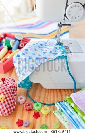 Colorful Needlework Utensils With Cottan Fabrics And Yarns