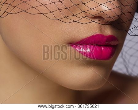 Sexual Full Lips. Natural Gloss Of Lips And Woman's Skin. The Mouth Is Closed. Increase In Lips, Cos