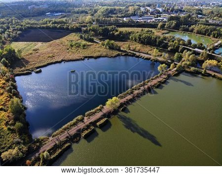 Zabie Doly, Park Between Bytom And Chorzow In Poland. Autumn Colors Landscape Aerial View. Lake Path
