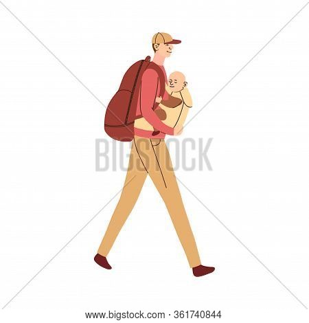 Vector Colorful Illustration Of Father Carries The Baby In An Ergo Backpack Or Babycarrier, With A B