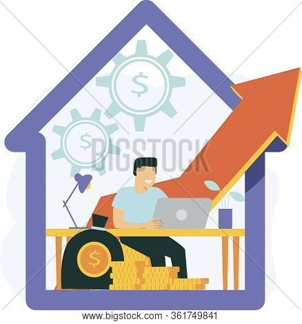 Self Isolation Concept. Young Man Working From Home During Covid-19. All Stay At Home. Self-isolate 