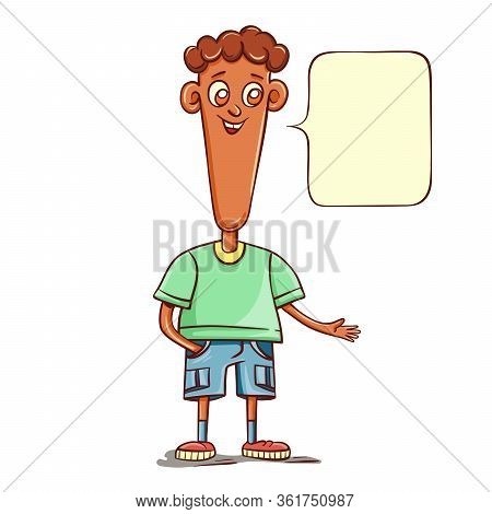 African American Funny Boy Teen, Vector Character. Funny Kid With A Long Head In A Green T-shirt. Fr