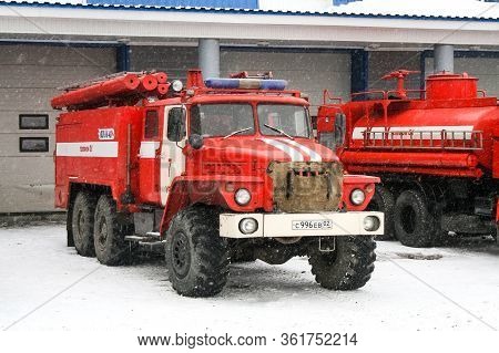 Ufa, Russia - March 17, 2008: Fire Truck Ural 4320 In The City Street.
