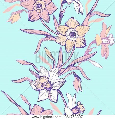 Spring Flowers And Leaf Daffodil, Narcissus On Trendy Light Aqua Menthe Background. Elegant Botanica