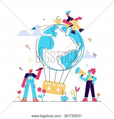 Vector Flat Illustration, Little People Are Preparing For The Day Of The Environment, Save The Plane