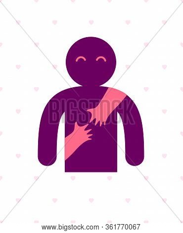 Loved Man With Care Hands Of A Lover Woman Hugging Him Around From Behind, Vector Icon Logo Or Illus