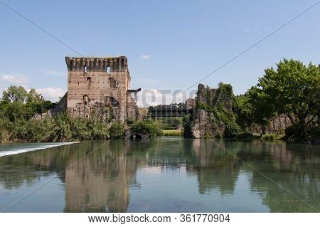 Italy, Valeggio Sul Mincio - May 20 2018: The View Of Visconti Bridge In Valeggio Sul Mincio On May 