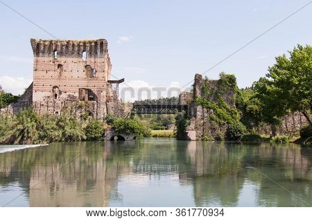 Italy, Valeggio Sul Mincio - May 20 2018: The View Of Visconti Bridge In Valeggio Sul Mincio On May 