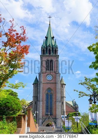Seoul, Republic of Korea - July 2019: Myeongdong Catholic Cathedral, Roman Catholic Church community in Korea.