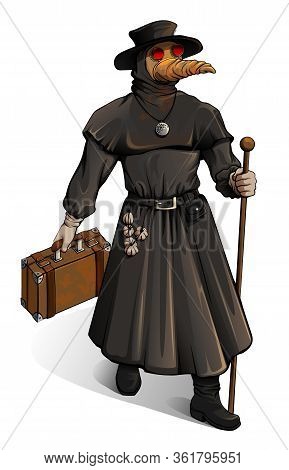 Medieval Doctor In Protective Suit Walks With Suitcase. Outbreak Cholera Vintage Medicine Steampunk 