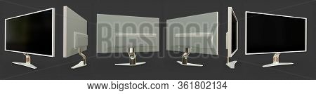 Hi-res Images From Various Angles Of White Computer Screen With Fictive Design Isolated On Grey Back