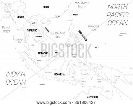 Southeast Asia Map. High Detailed Political Map Of Southeastern Region With Country, Capital, Ocean 