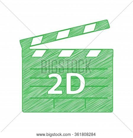 2d Film Sign. Green Scribble Icon With Solid Contour On White Background. Illustration.