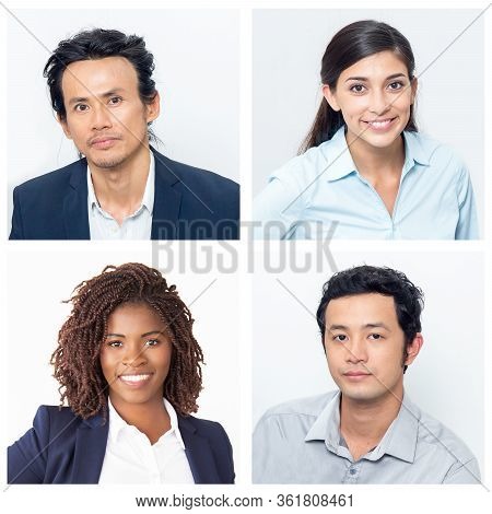 Set Of Portraits Of Co-workers Of Different Nationality. Asian Male Business Men Alongside Female Eu
