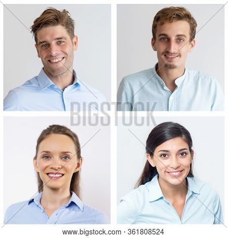 Smiling Male And Female Colleagues In White Shirts Portraits. Set Of Portraits Of Young Promising Tr