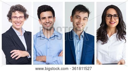Young Colleagues Posing For Their Portraits With Older Supervisor. Business People Dressed Formally 