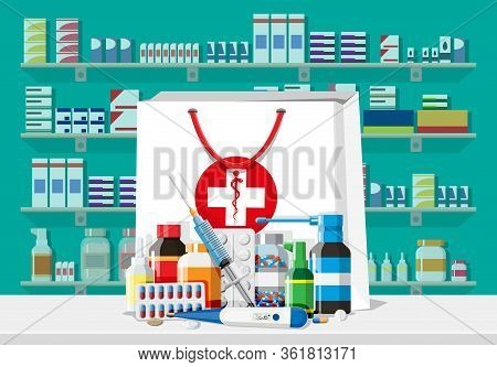 Modern Interior Of Pharmacy. Medicine Pills Capsules Bottles Vitamins And Tablets. Drugstore Showcas