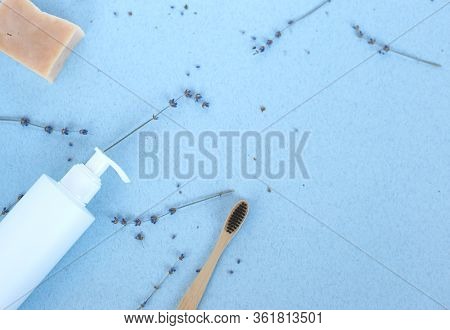 The Concept Of Zero Waste. Bamboo Toothbrush, Solid Shampoo With Lavender