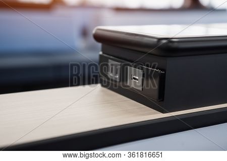 Close Up Black Usb Port And Electrical Plug In, Plugging With Usb Outlet Plug At Terminal In Airport