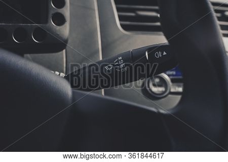 Car Wipers Panel. Windshield Wipers Switch. Vehicle Interior. Switch Of Modern Windscreen Wiper. Wip