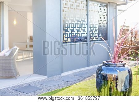 Fancy And A Glossy Vase With A Plant In It Beside A Blurred House, The Flower Pot Is In Black Color 