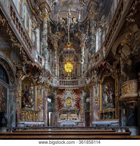 Feb 2, 2020 - Munich, Germany: Front Facade Of Altar Of Baroque Church Asamkirche