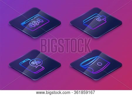 Set Isometric Line Page With A 404 Error, Percent Discount And Phone, Wallet And Stacks Paper Money 
