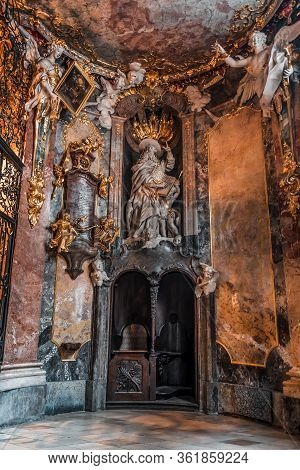 Feb 2, 2020 - Munich, Germany: St Jerome Hieronymus Statue With Two Angels In Entrance Hall To Baroq