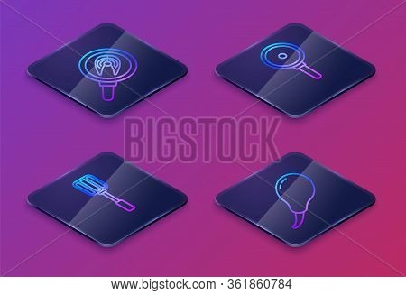Set Isometric Line Fish Steak In Frying Pan, Spatula, Frying Pan And Chicken Leg. Blue Square Button