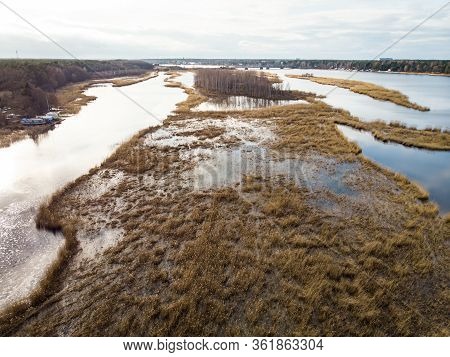 Countryside Landscape Areal Drone Photography View Of River Lielupe. Photo Taken In Europe, Latvia.