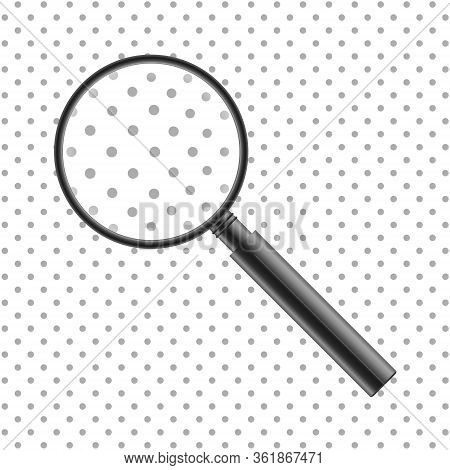 Vector Realistic Magnifier. Isolated Gray Metal Magnifying Glass Enlarging Dot Pattern. Loupe Tool W