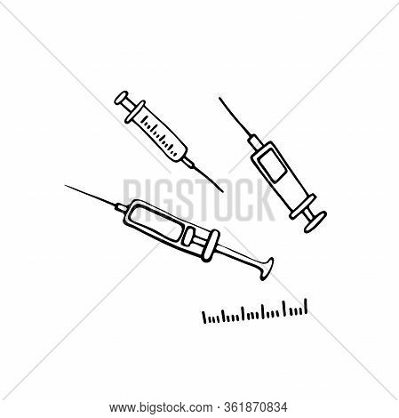 Medical Set. Doodle Syringes For Influenza Vaccination, Disease, Prevention, Healthcare, Injections,