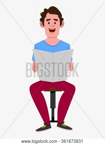 Casual Cartoon Man Reading Newspaper Illustration Concept