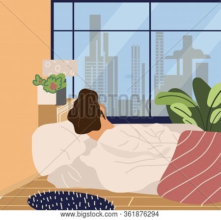 Woman Goes To Bed Or Wakes Up. The Girl Wake Up And Lies On The Bed Back View. Vector Illustration L