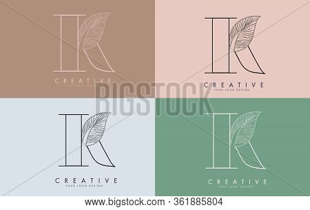 Outline Letter K Logo Icon With Wired Leaf Concept Design On Colorful Backgrounds. Letter K With Nat