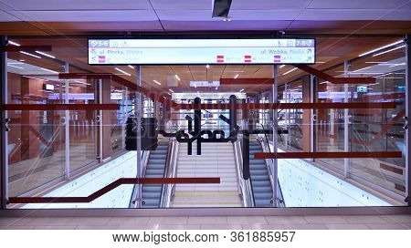 Warsaw, Poland. 18 April 2020. Warsaw Metro Station Interior Warsaw Plocka. View Of Empty Metro Stat