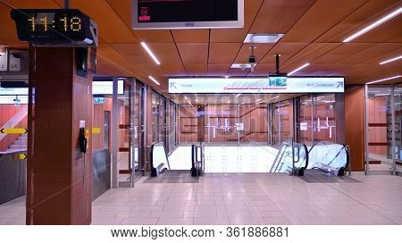 Warsaw, Poland. 18 April 2020. Warsaw Metro Station Interior Warsaw Plocka. View Of Empty Metro Stat