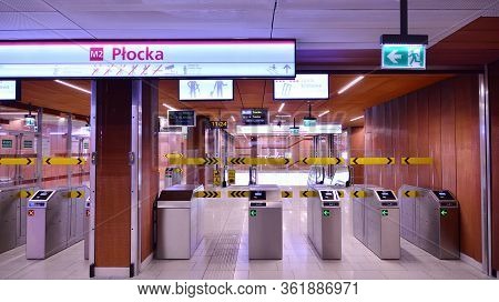 Warsaw, Poland. 18 April 2020. Warsaw Metro Station Interior Warsaw Plocka. View Of Empty Metro Stat