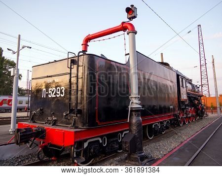 Voronezh, Russia - August 29, 2019: Steam Locomotive L-5293 Stands At The Standpipe