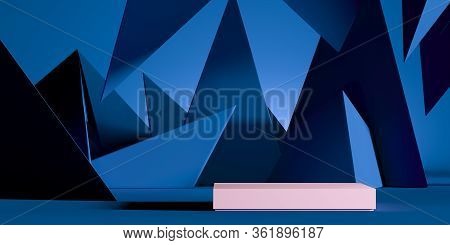 White Foursquare Showcase With Empty Space On Pedestal On Blue Background Near Triangular Abstract F