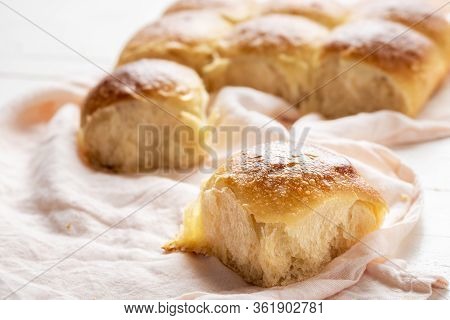 Pull Apart Bread Buns Made With White Flour And Sourdough. Delicous Home-baked Bread Buns. White Bre