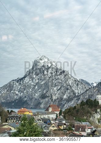 Small Austrian Village By Traunsee Lake With Snow Mountain Traunstein Near Altmunster, Austria :