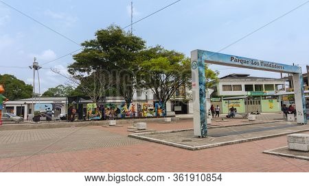 La Hormiga, Putumayo / Colombia - March 8 2020: People Walking Through Los Fundadores Park In The Ci